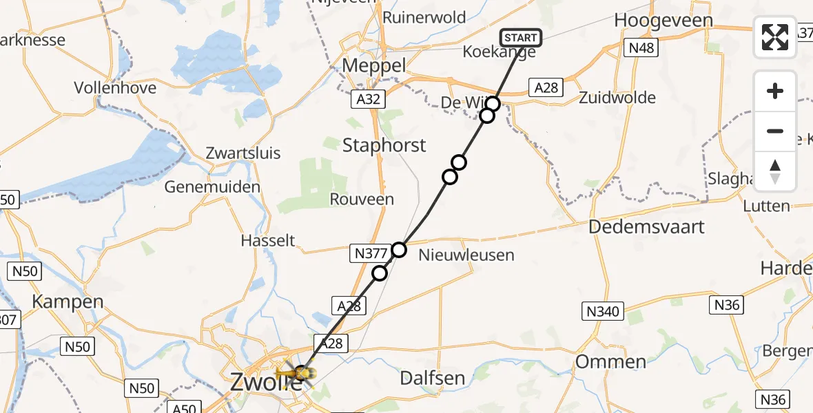 Vluchtroute Traumahelikopter van Koekange naar Isala Hospital Zwolle Heliport