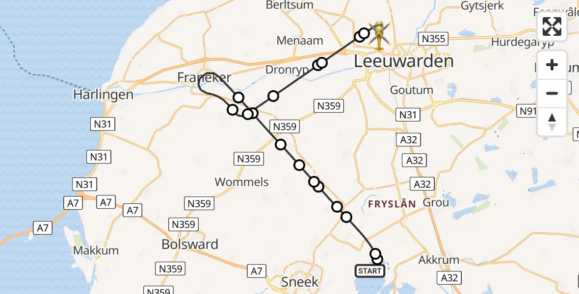 Vluchtroute Ambulancehelikopter van Snitser Mar naar Vliegbasis Leeuwarden