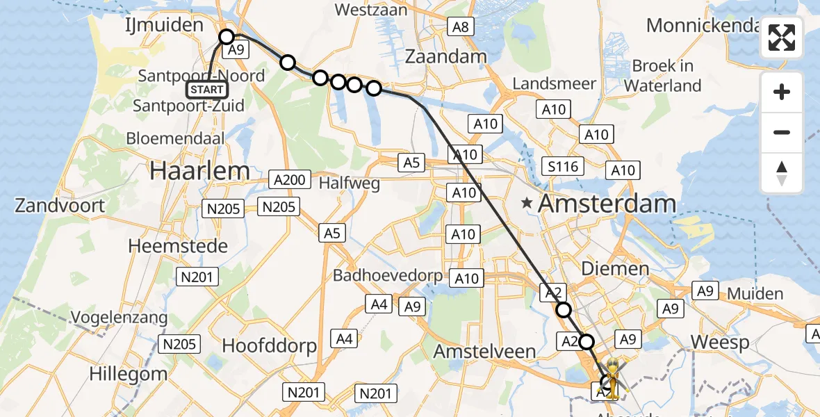 Vluchtroute Traumahelikopter van Santpoort-Noord naar Amsterdam UMC Helipad