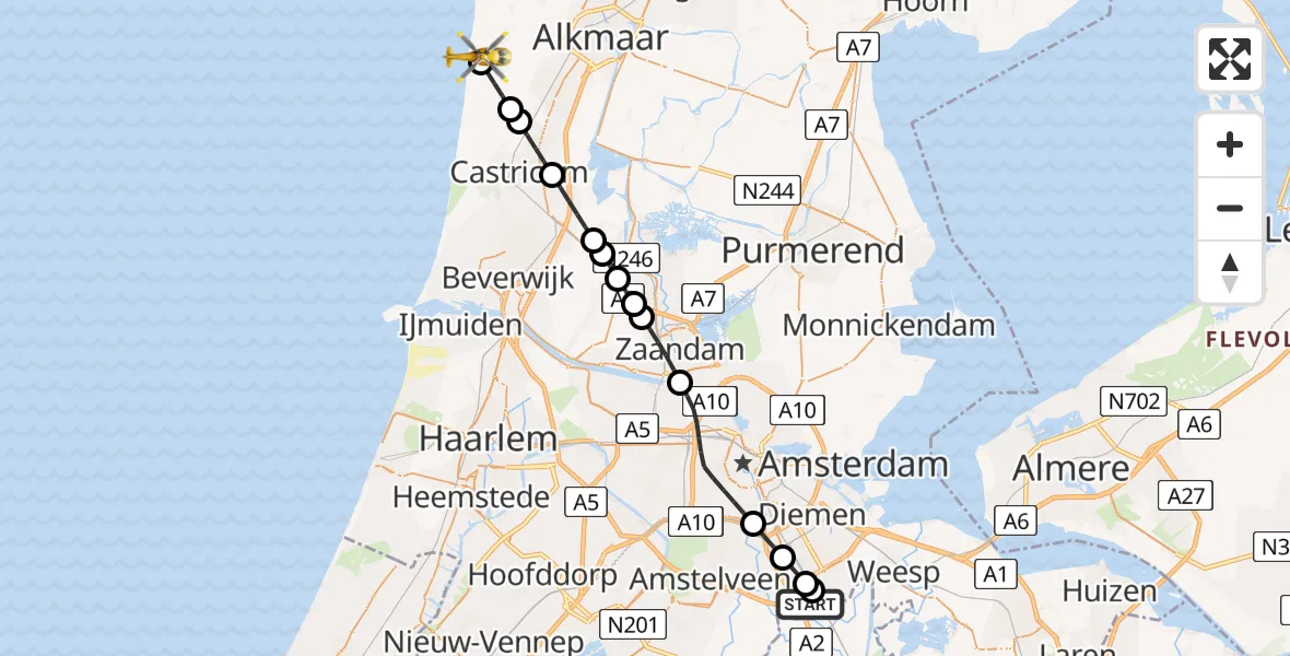 Vluchtroute Traumahelikopter van Amsterdam UMC Helipad naar Egmond aan Zee