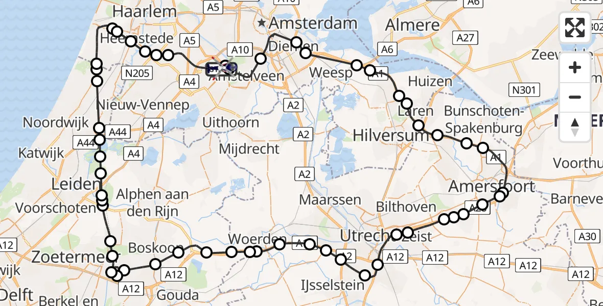 Vluchtroute Politiehelikopter van Amsterdam Vliegveld Schiphol naar Amsterdam Vliegveld Schiphol