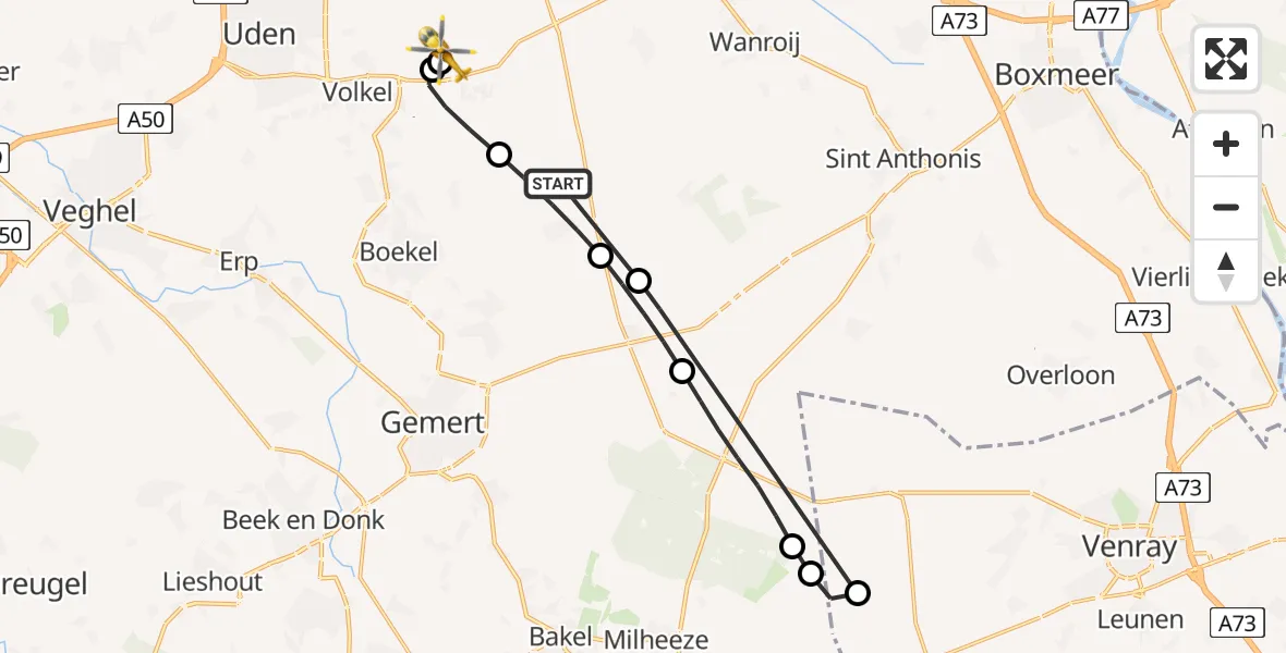 Vluchtroute Traumahelikopter van Venhorst naar Vliegbasis Volkel