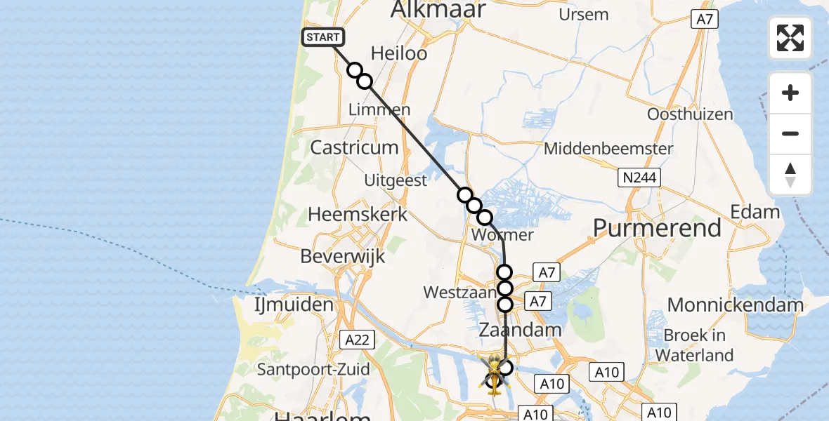 Vluchtroute Traumahelikopter van Egmond aan den Hoef naar Amsterdam Heliport