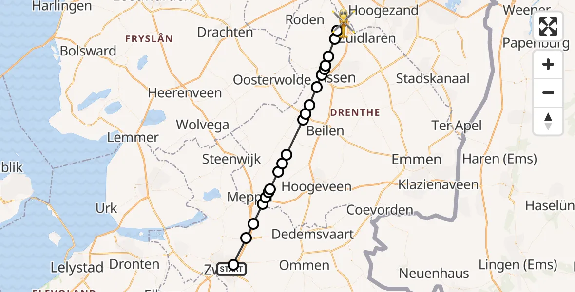 Vluchtroute Traumahelikopter van Isala Hospital Zwolle Heliport naar Groningen Airport Eelde