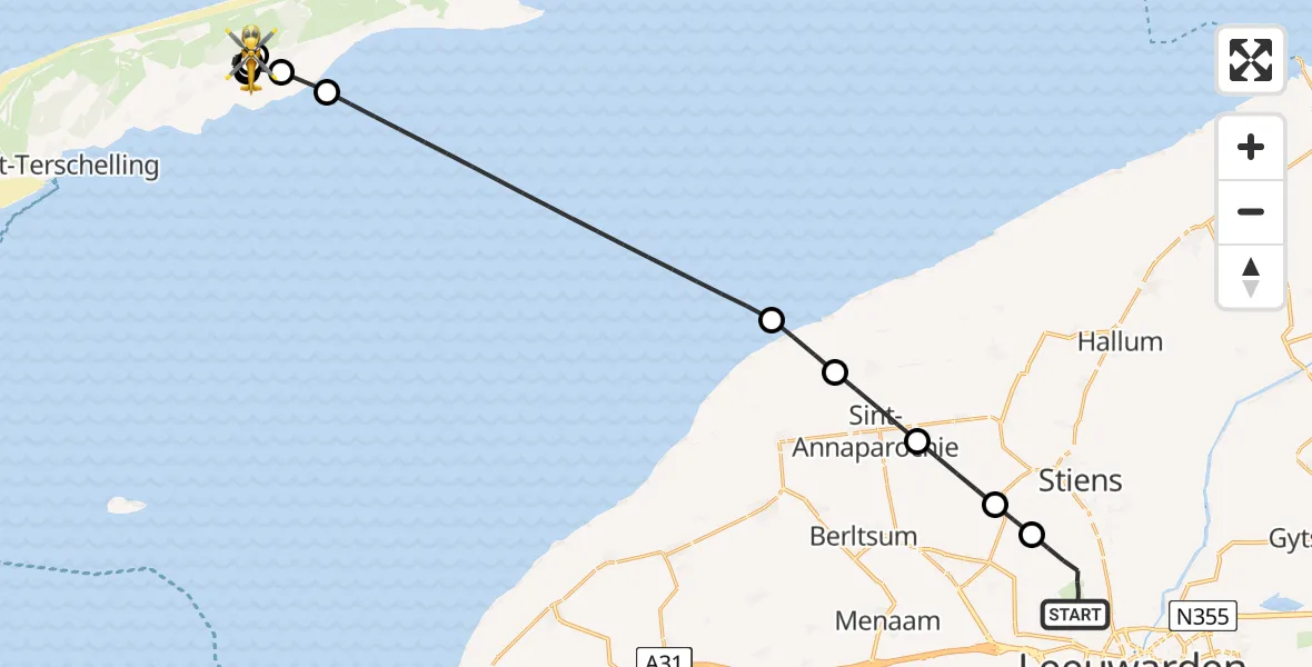 Vluchtroute Ambulancehelikopter van Vliegbasis Leeuwarden naar Lies