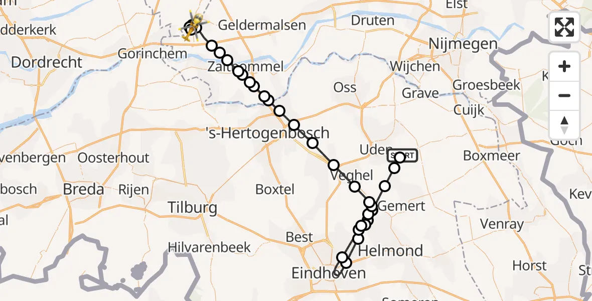 Vluchtroute Traumahelikopter van Vliegbasis Volkel naar Heukelum