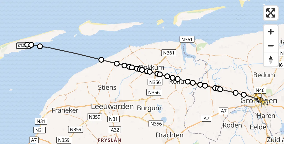 Vluchtroute Ambulancehelikopter van Lies naar Universitair Medisch Centrum Groningen