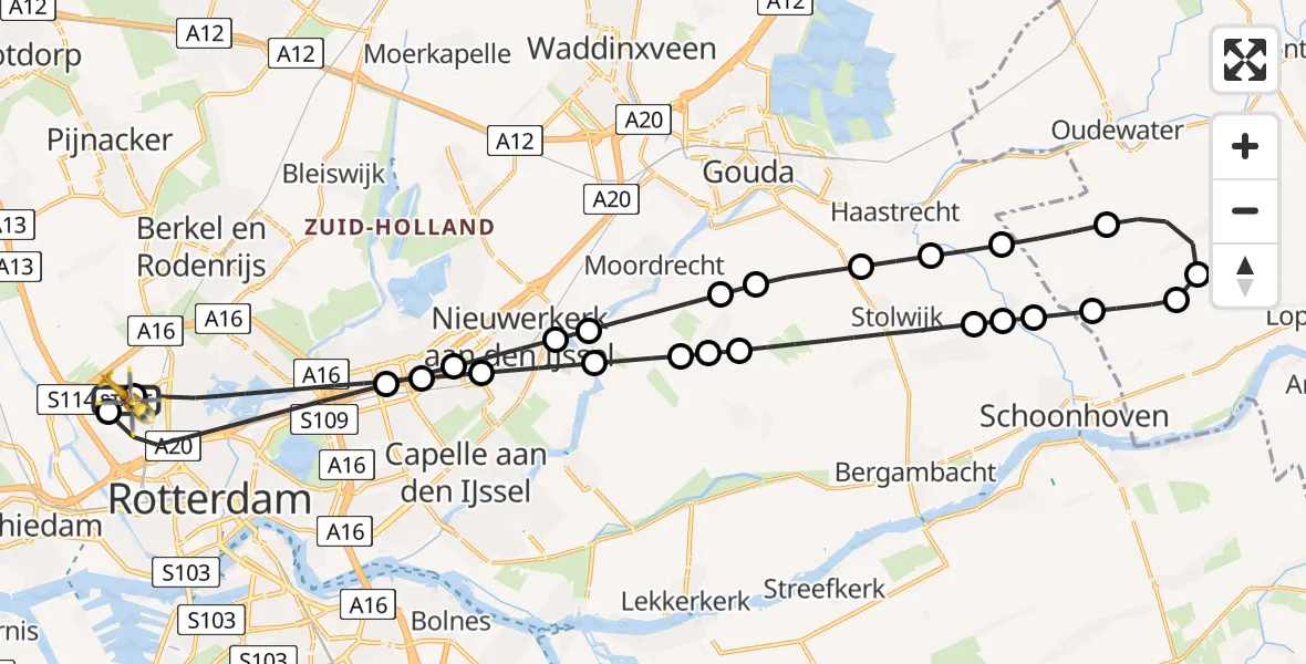 Vluchtroute Traumahelikopter van Rotterdam The Hague Airport naar Rotterdam The Hague Airport