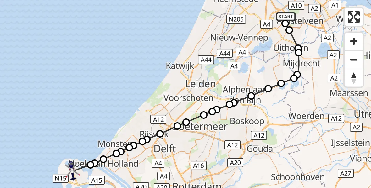 Vluchtroute Politiehelikopter van Amsterdam Vliegveld Schiphol naar Maasvlakte Rotterdam