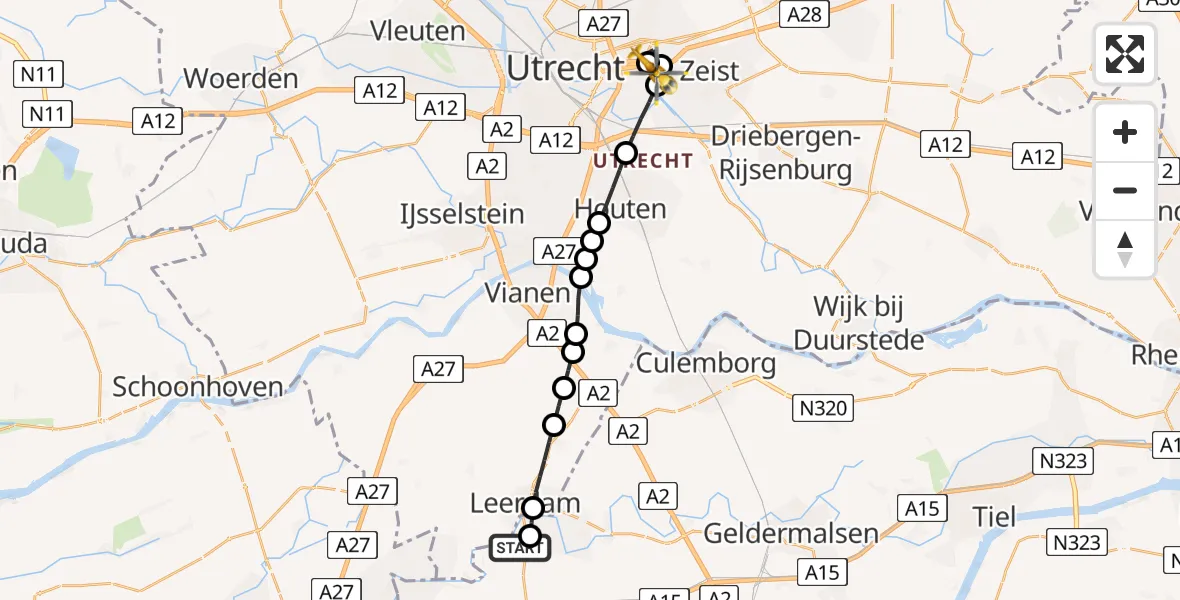 Vluchtroute Traumahelikopter van Heukelum naar University Medical Center Utrecht Heliport