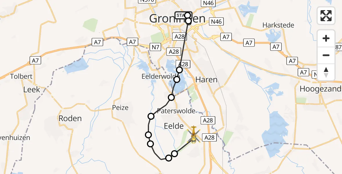 Vluchtroute Ambulancehelikopter van Universitair Medisch Centrum Groningen naar Groningen Airport Eelde