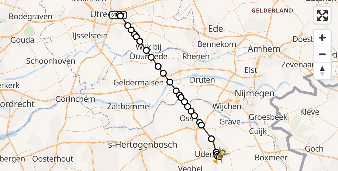 Vluchtroute Traumahelikopter van University Medical Center Utrecht Heliport naar Vliegbasis Volkel
