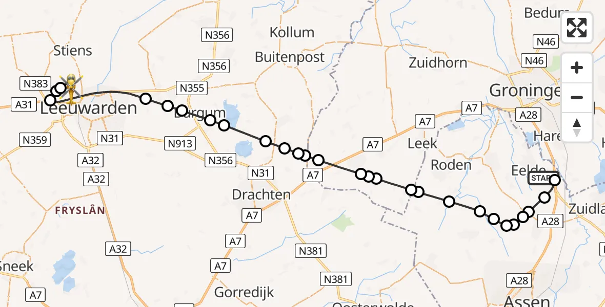 Vluchtroute Ambulancehelikopter van Groningen Airport Eelde naar Vliegbasis Leeuwarden