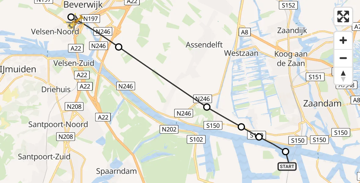 Vluchtroute Traumahelikopter van Amsterdam Heliport naar Red Cross Hospital Heliport