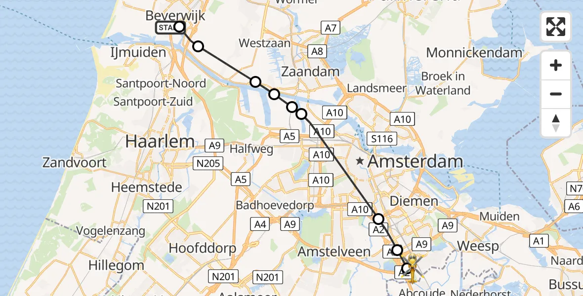 Vluchtroute Traumahelikopter van Red Cross Hospital Heliport naar Amsterdam UMC Helipad