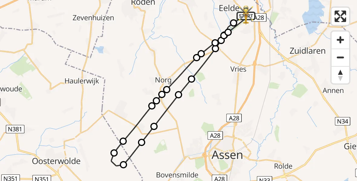 Vluchtroute Traumahelikopter van Groningen Airport Eelde naar Groningen Airport Eelde