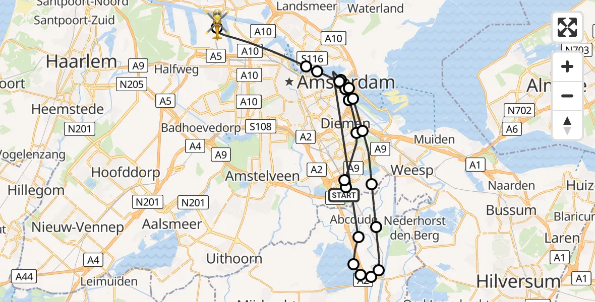Vluchtroute Traumahelikopter van Amsterdam UMC Helipad naar Amsterdam Heliport
