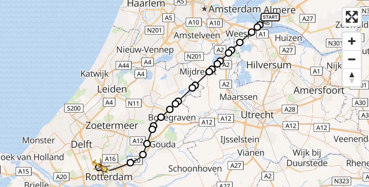 Vluchtroute Traumahelikopter van Almere naar Rotterdam The Hague Airport