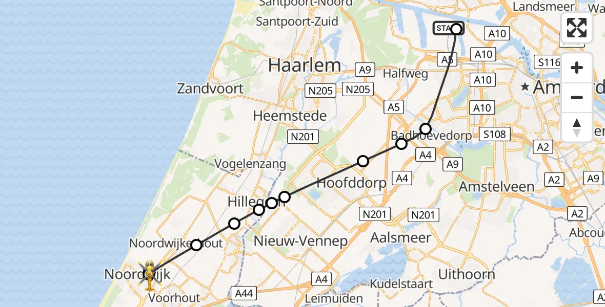 Vluchtroute Traumahelikopter van Amsterdam Heliport naar Noordwijk