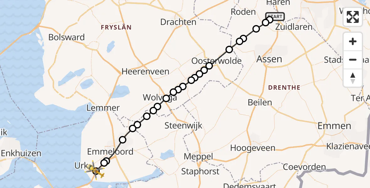 Vluchtroute Traumahelikopter van Groningen Airport Eelde naar Nagele