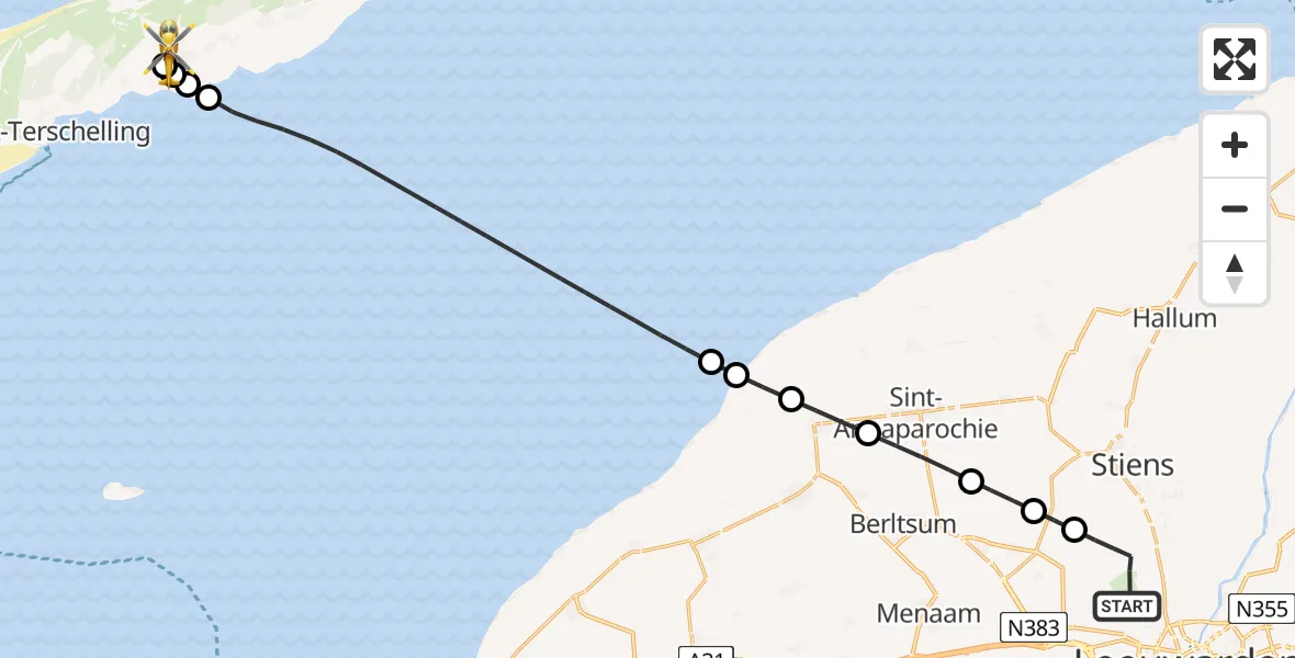 Vluchtroute Ambulancehelikopter van Vliegbasis Leeuwarden naar Terschelling Heliport