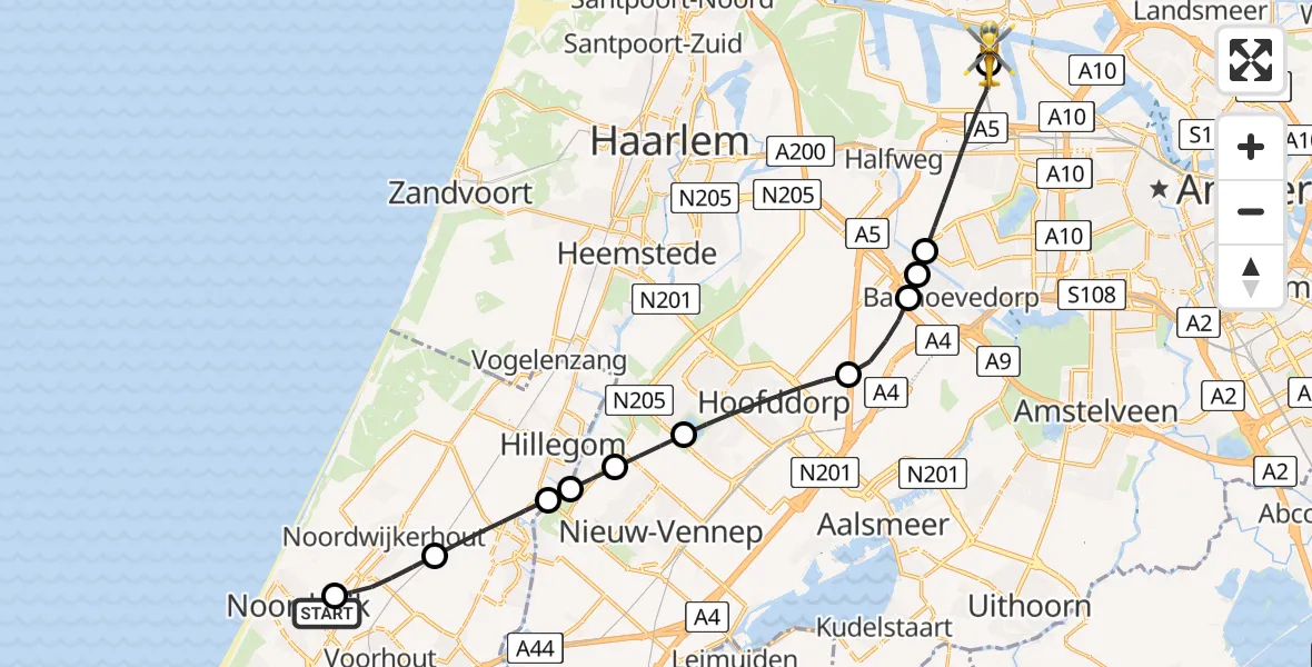 Vluchtroute Traumahelikopter van Noordwijk naar Amsterdam Heliport