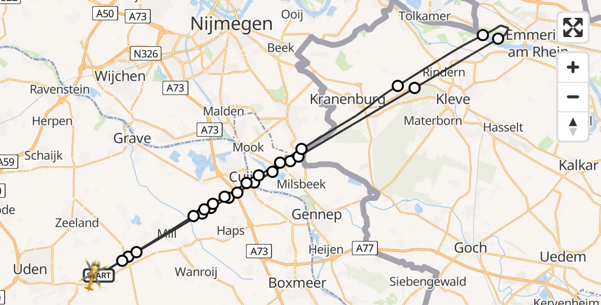 Vluchtroute Traumahelikopter van Vliegbasis Volkel naar Vliegbasis Volkel