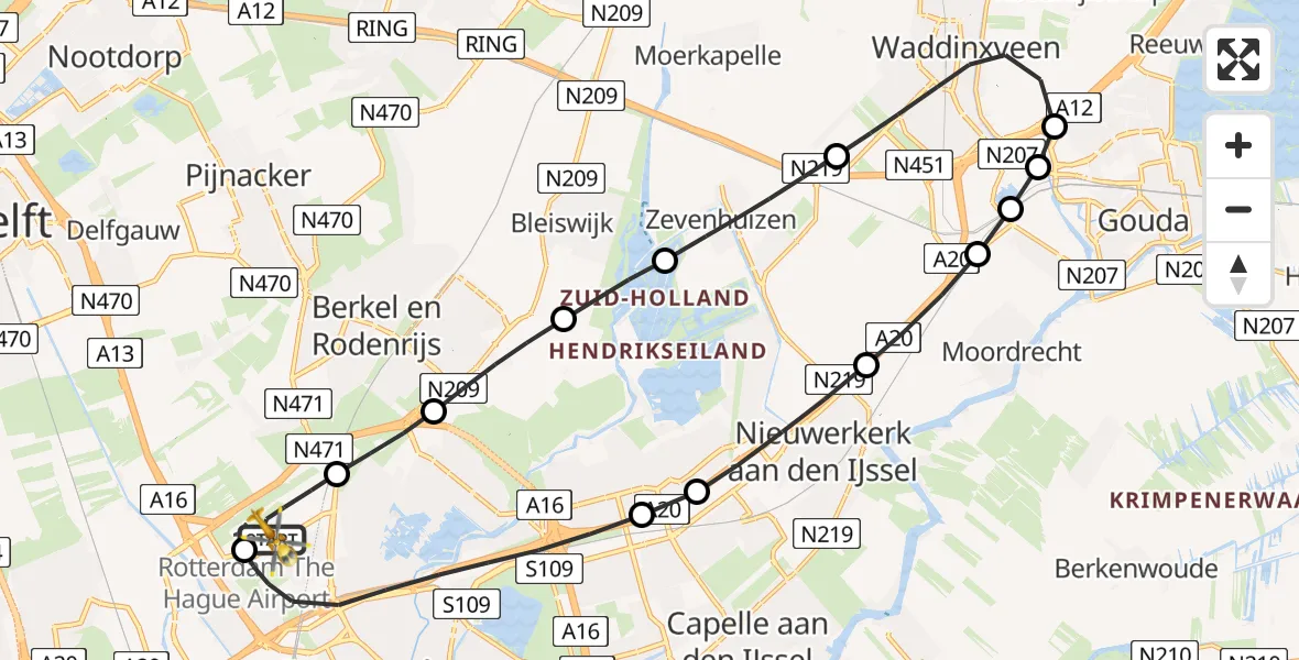 Vluchtroute Traumahelikopter van Rotterdam The Hague Airport naar Rotterdam The Hague Airport
