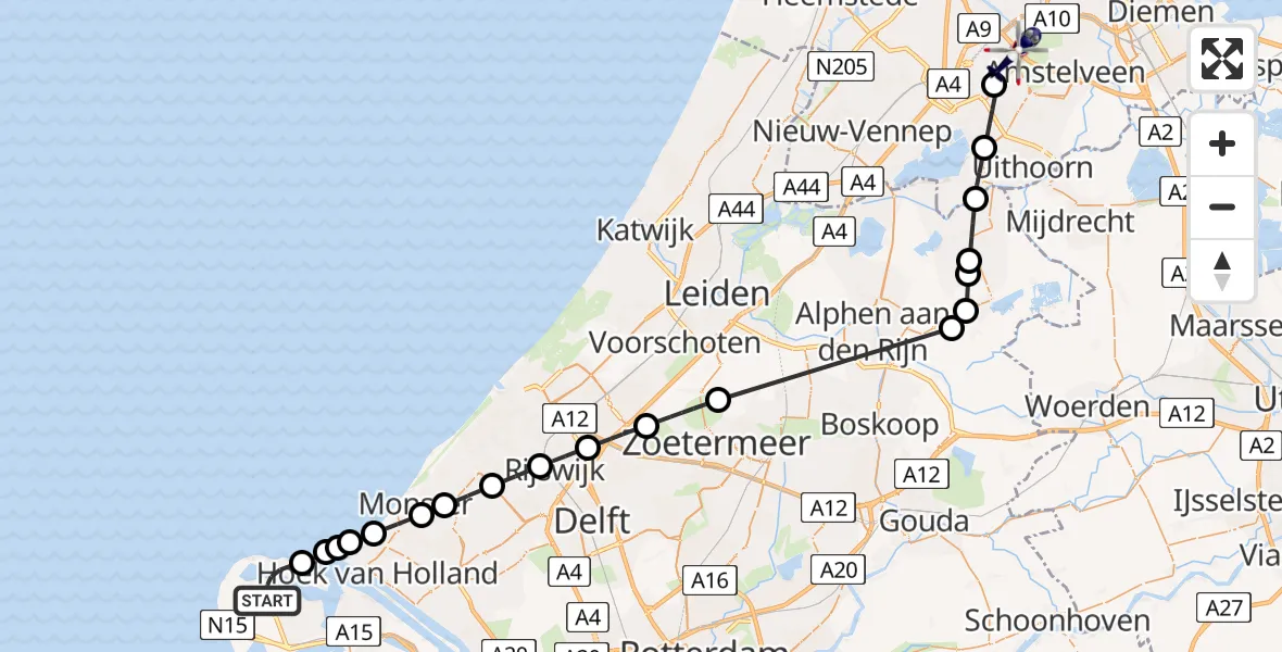 Vluchtroute Politiehelikopter van Maasvlakte Rotterdam naar Amsterdam Vliegveld Schiphol