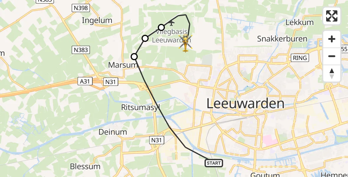 Vluchtroute Ambulancehelikopter van Leeuwarden naar Vliegbasis Leeuwarden