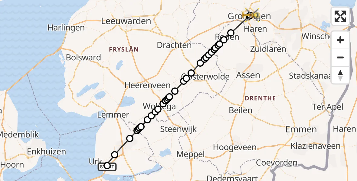 Vluchtroute Traumahelikopter van Nagele naar Universitair Medisch Centrum Groningen