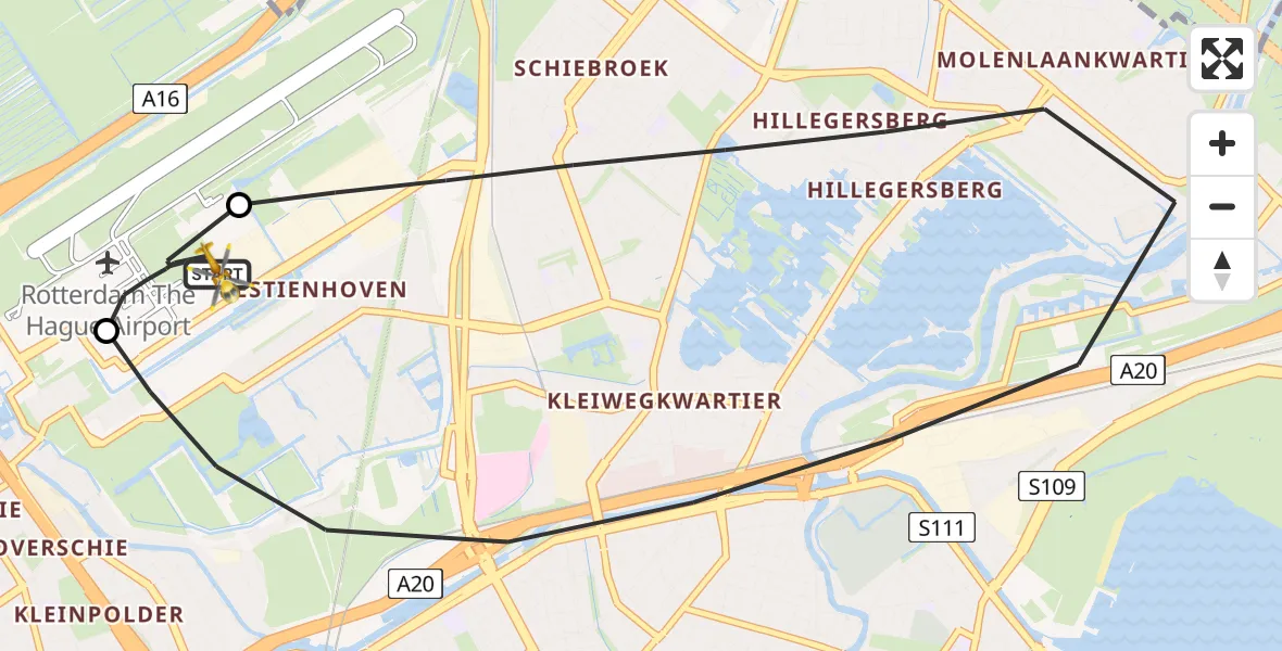 Vluchtroute Traumahelikopter van Rotterdam The Hague Airport naar Rotterdam The Hague Airport