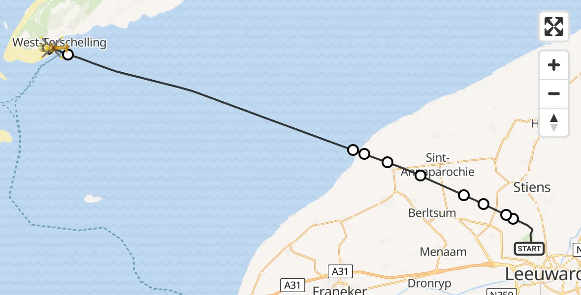 Vluchtroute Ambulancehelikopter van Vliegbasis Leeuwarden naar West-Terschelling