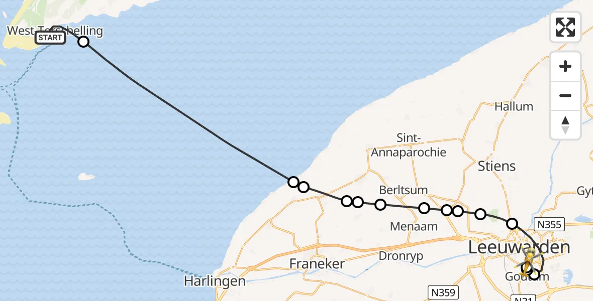 Vluchtroute Ambulancehelikopter van West-Terschelling naar Leeuwarden Medical Center Heliport