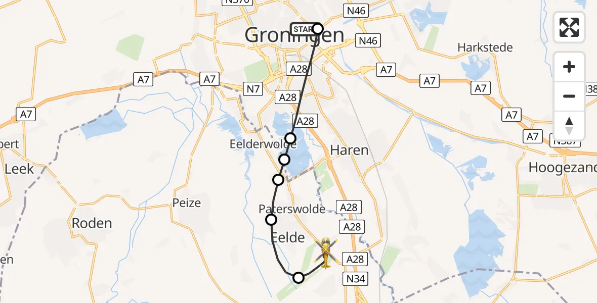 Vluchtroute Traumahelikopter van Universitair Medisch Centrum Groningen naar Groningen Airport Eelde