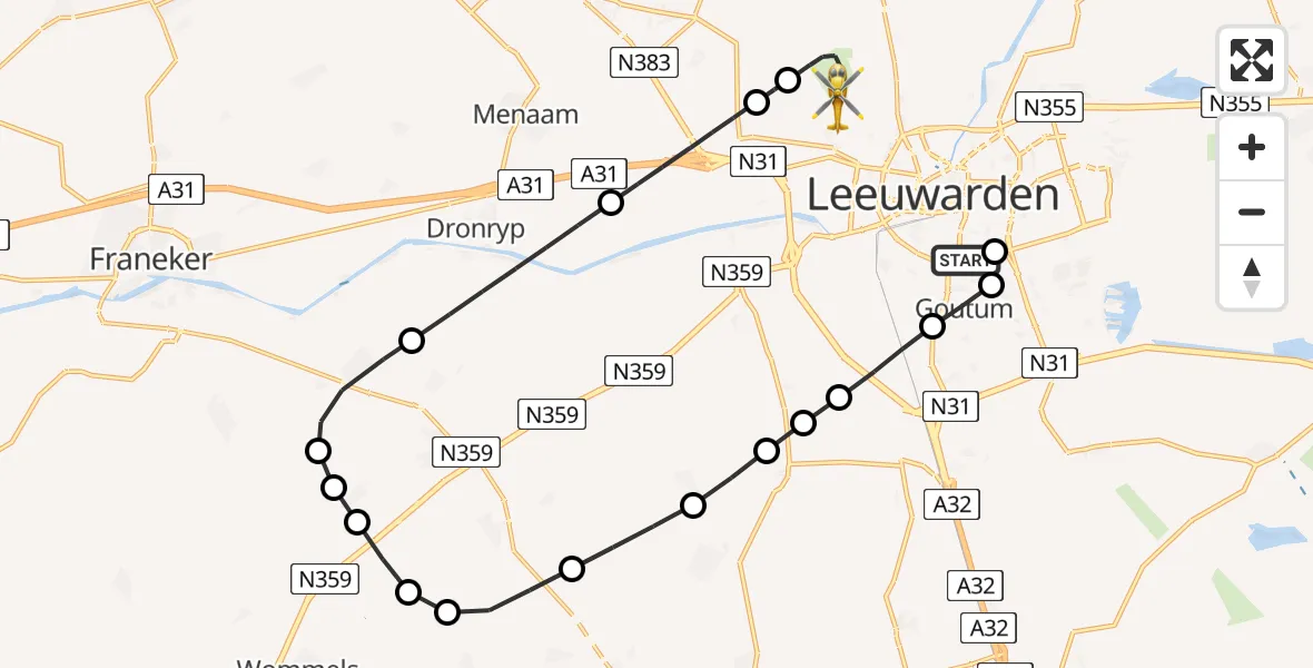 Vluchtroute Ambulancehelikopter van Leeuwarden Medical Center Heliport naar Vliegbasis Leeuwarden