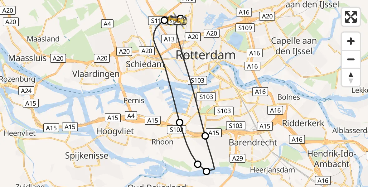 Vluchtroute Traumahelikopter van Rotterdam The Hague Airport naar Rotterdam The Hague Airport
