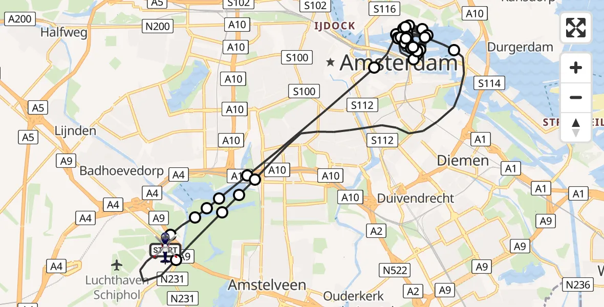 Vluchtroute Politiehelikopter van Amsterdam Vliegveld Schiphol naar Amsterdam Vliegveld Schiphol