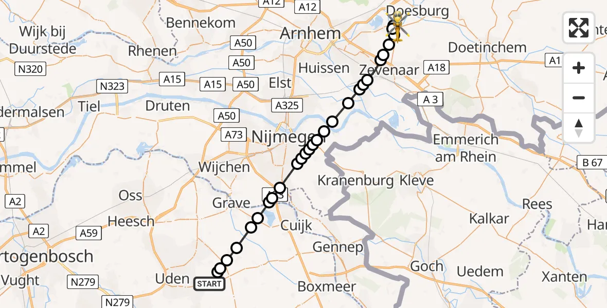 Vluchtroute Traumahelikopter van Vliegbasis Volkel naar Giesbeek