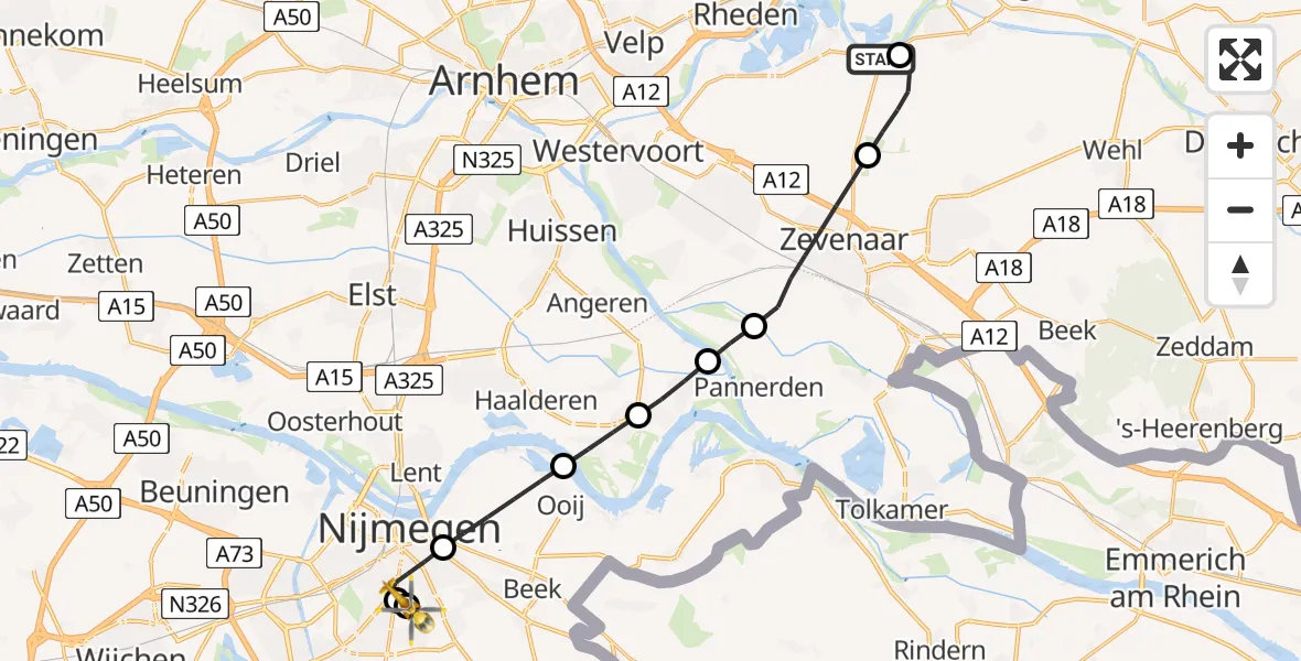 Vluchtroute Traumahelikopter van Giesbeek naar Radboud University Medical Center Heliport