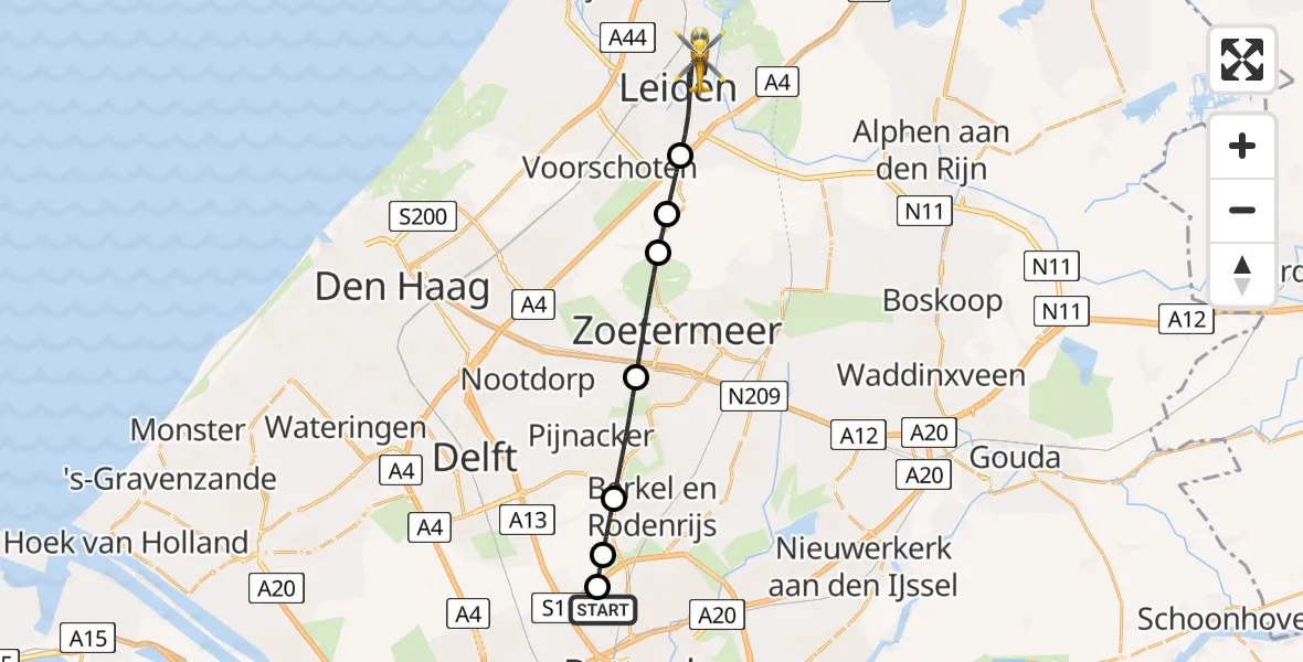 Vluchtroute Traumahelikopter van Rotterdam The Hague Airport naar Leiden