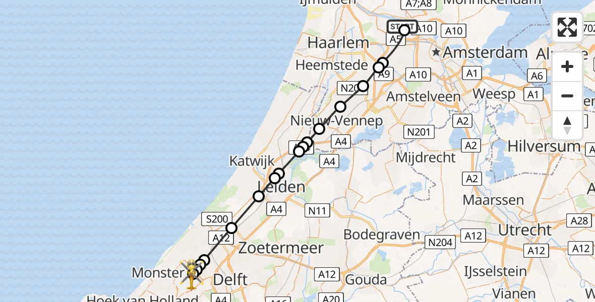 Vluchtroute Traumahelikopter van Amsterdam Heliport naar Kwintsheul