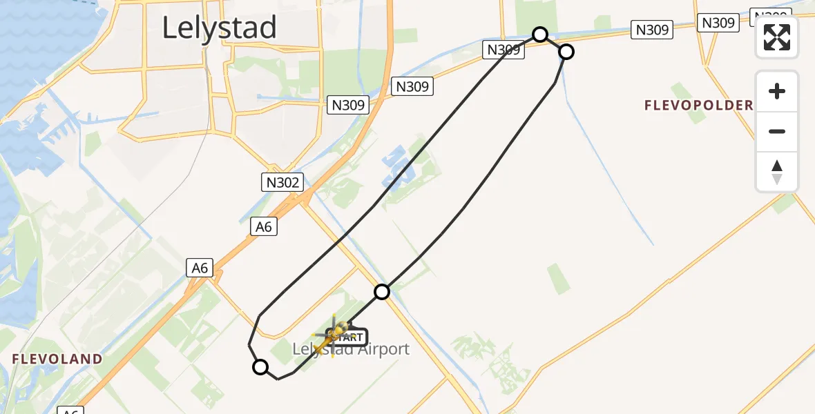 Vluchtroute Traumahelikopter van Lelystad Airport naar Lelystad Airport