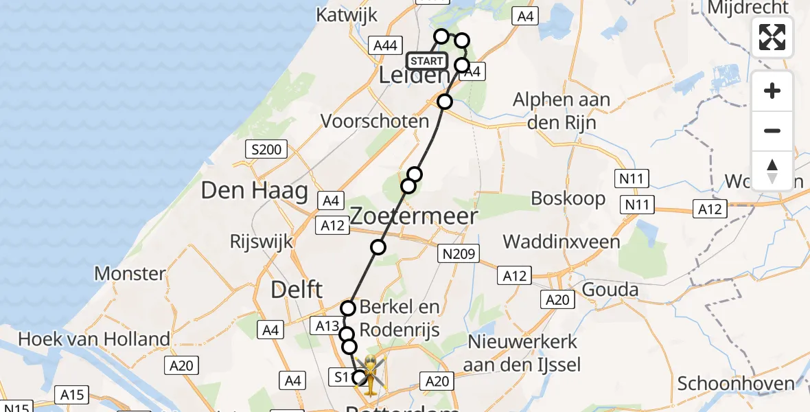 Vluchtroute Traumahelikopter van Leiden naar Rotterdam The Hague Airport