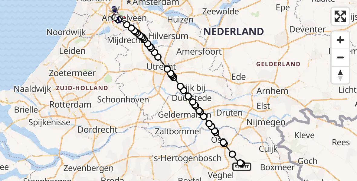 Vluchtroute Politiehelikopter van Vliegbasis Volkel naar Amsterdam Vliegveld Schiphol