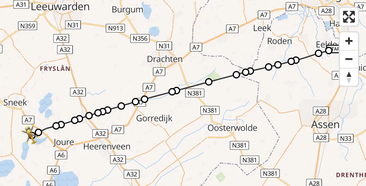 Vluchtroute Traumahelikopter van Groningen Airport Eelde naar Langweer