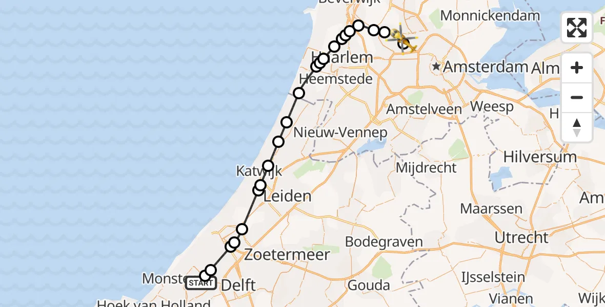 Vluchtroute Traumahelikopter van Kwintsheul naar Amsterdam Heliport