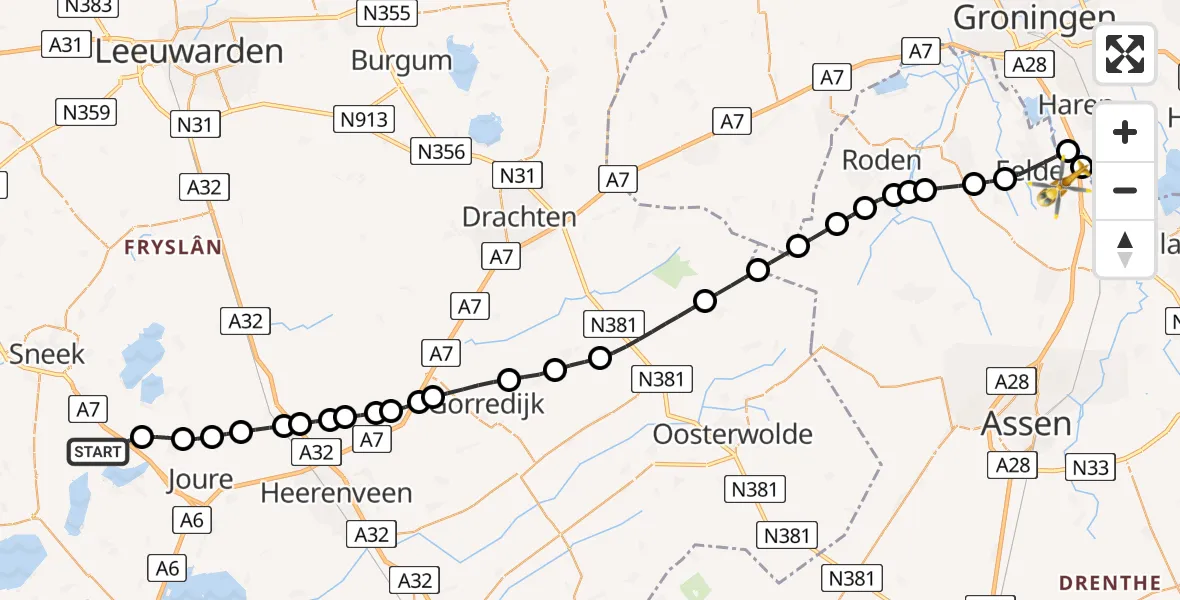 Vluchtroute Traumahelikopter van Boornzwaag naar Eelde