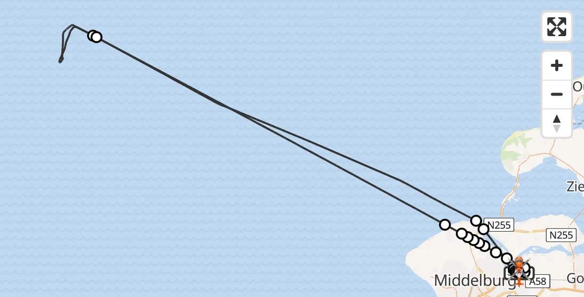 Vluchtroute Kustwachthelikopter van Vliegveld Midden-Zeeland naar Vliegveld Midden-Zeeland