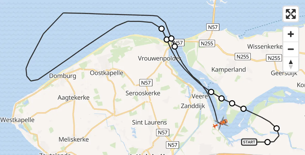 Vluchtroute Kustwachthelikopter van Vliegveld Midden-Zeeland naar Veerse Meer